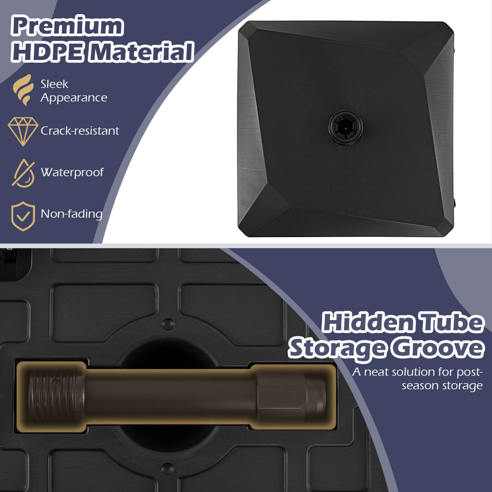 Fillable mobile umbrella base in black with 4 wheels, HDPE material, and hidden tube storage groove for easy mobility.