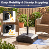Fillable black umbrella base with 4 wheels and 2 locks for easy mobility and secure support for 6-10 ft umbrellas.