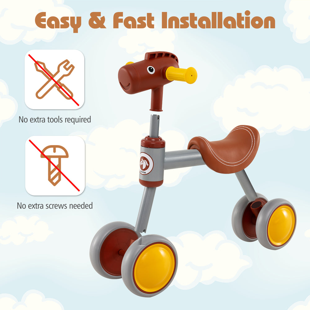 Baby balance bike with cute horse head design, brown PU leather seat, and sturdy carbon steel frame for kids aged 18-36.