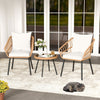 Two beige patio chairs with soft cushions and a glass top table, perfect for outdoor relaxation on a porch or patio.