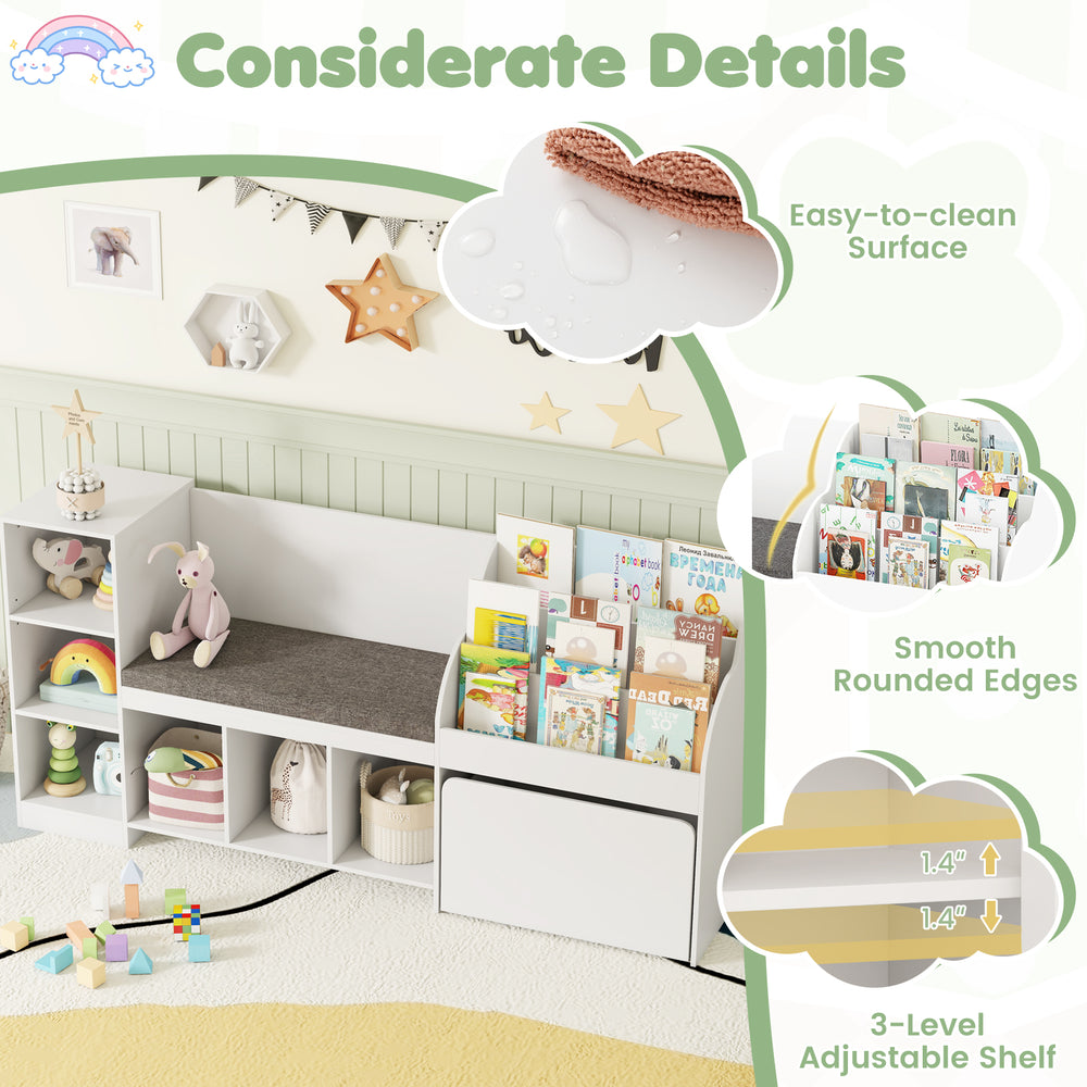 Kids bookcase with reading nook, white finish, featuring adjustable shelves, smooth edges, and easy-to-clean surface.