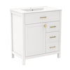 Single bathroom vanity in white with gold handles, featuring 2 drawers and 1 door for efficient storage.