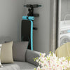 Folding weight bench in blue, adjustable for various exercises, compact design for easy storage against the wall.