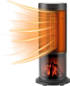 Portable 17-inch black tower space heater with 135° oscillation, remote control, and adjustable thermostat for cozy.