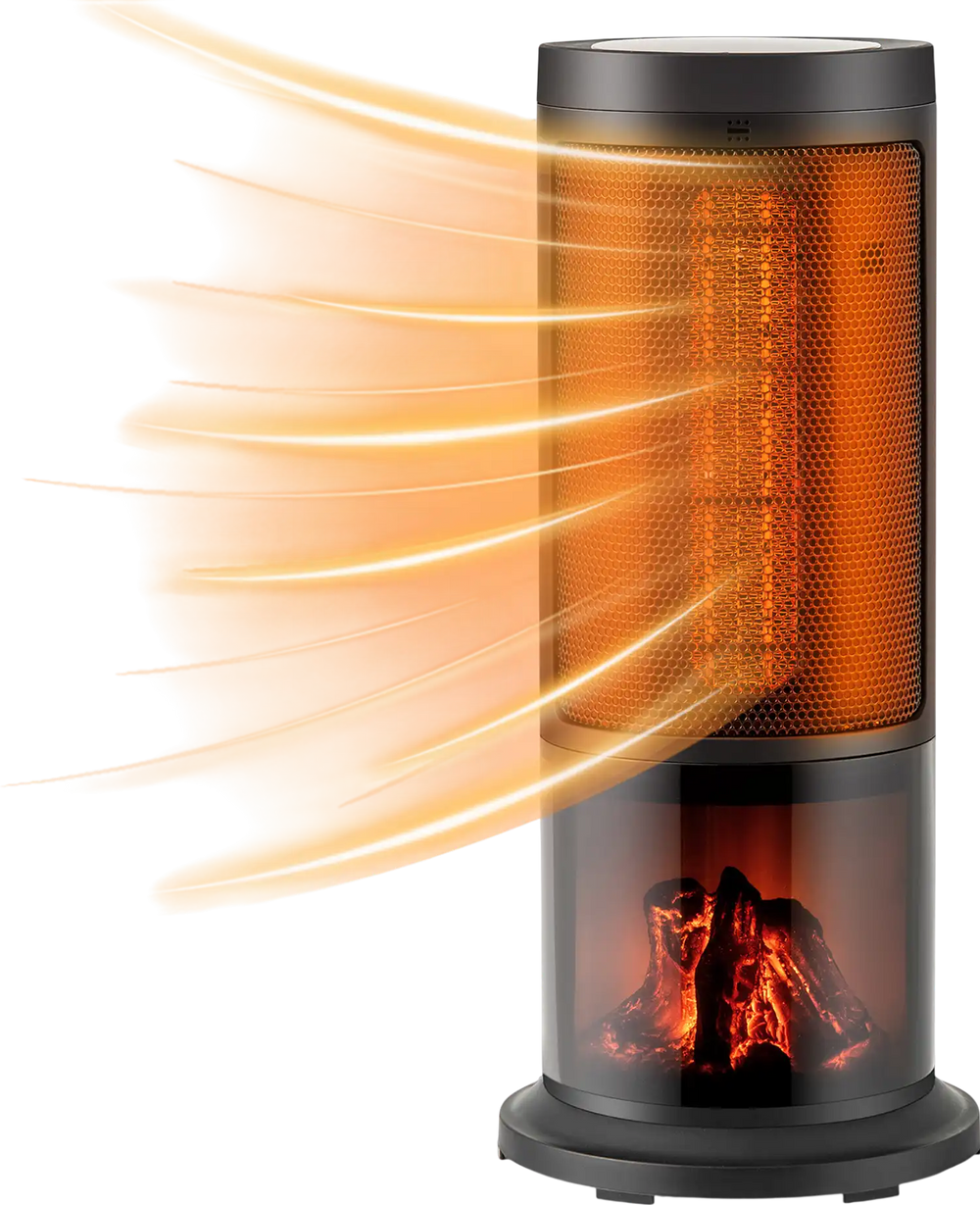 Portable 17-inch black tower space heater with 135° oscillation, remote control, and adjustable thermostat for cozy.