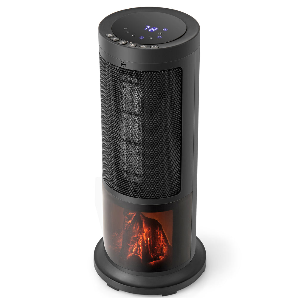 Portable 17-inch black tower space heater with 135° oscillation, adjustable thermostat, and LED 3D flame effect for.
