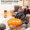 Portable 17-inch black tower space heater with 135° oscillation, 250 sq.ft heating range, and adjustable thermostat.
