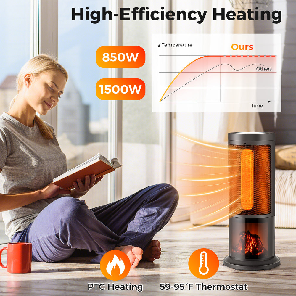 Portable 17-inch black tower space heater with 135° oscillation, 850W/1500W modes, and adjustable thermostat for cozy.