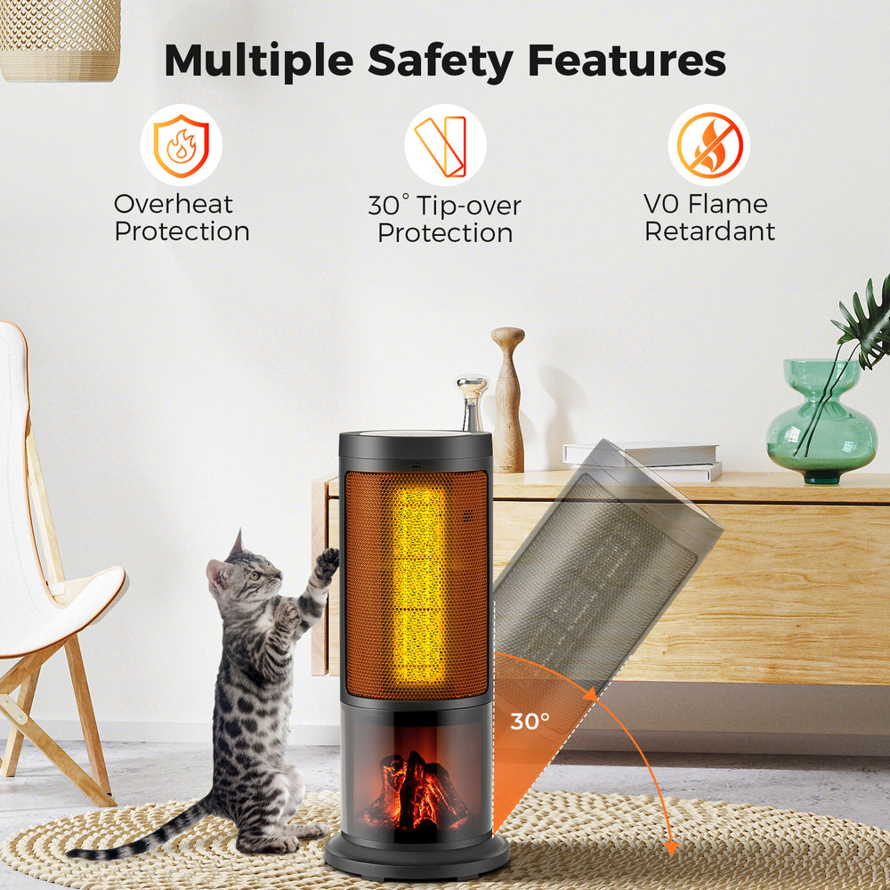 Portable 17-inch black tower space heater with 135° oscillation, featuring safety protections and adjustable thermostat.