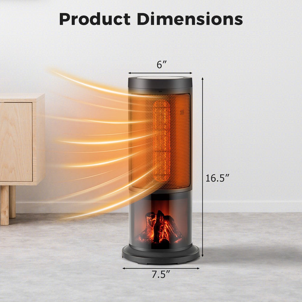 Portable tower space heater dimensions showing 17 inches tall, 6 inches wide, and 7.5 inches deep for efficient heating.