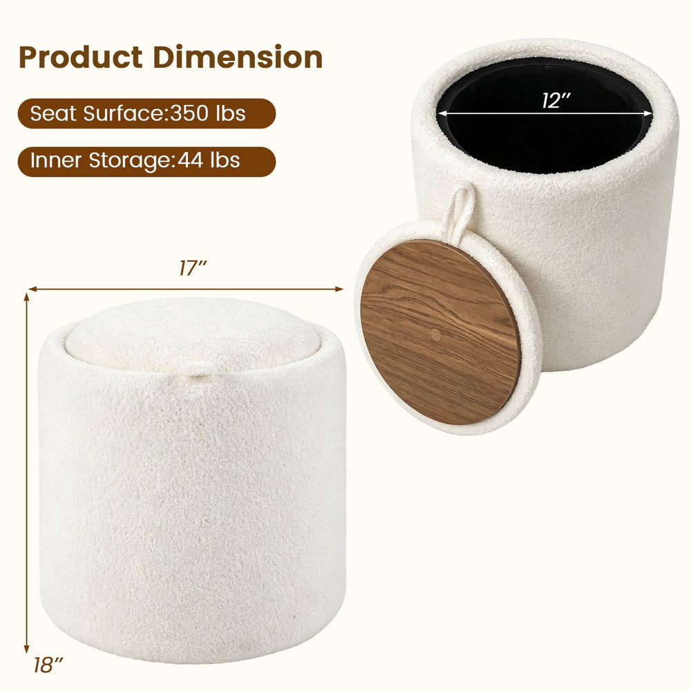 Round beige storage ottoman with a reversible lid, high-density foam, and wood top for versatile use in any space.