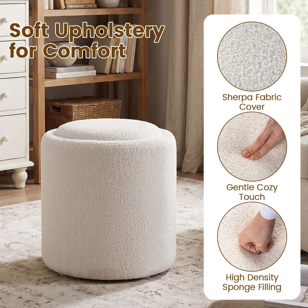 Round beige storage ottoman with a reversible lid, soft Sherpa fabric, and high-density foam for versatile comfort.