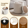 Round beige storage ottoman with a wood grain top, reversible lid, and soft Sherpa fabric for versatile use and comfort.