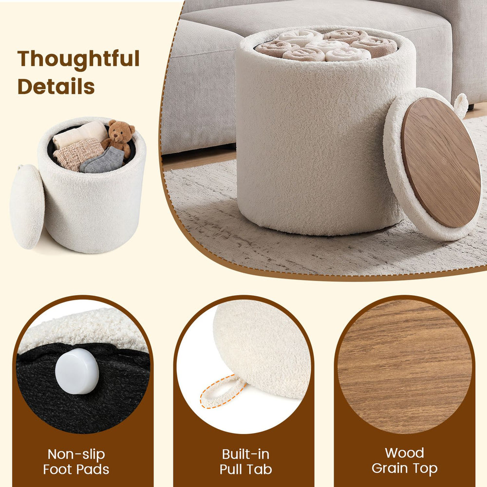 Round beige storage ottoman with a wood grain top, reversible lid, and soft Sherpa fabric for versatile use and comfort.