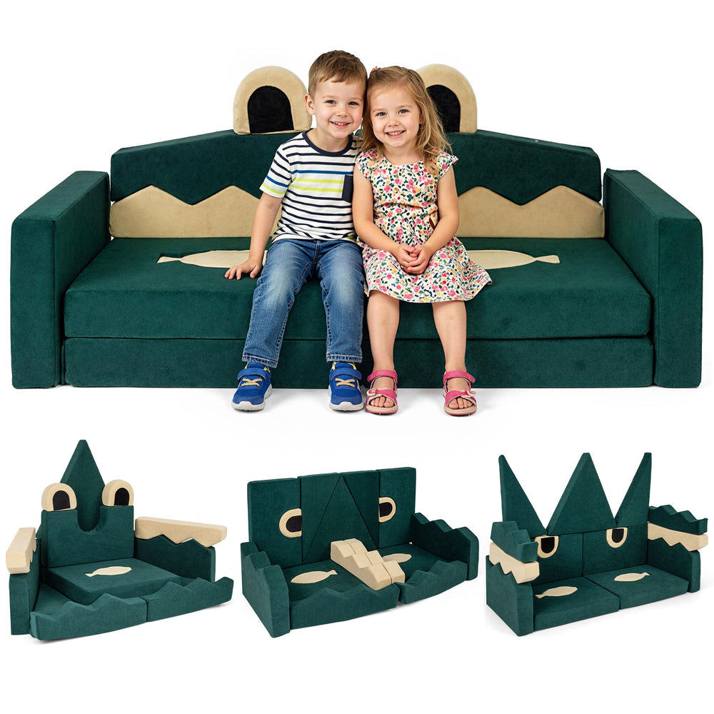 Modular kids play couch in green velvet with removable cover, perfect for inspiring creativity and family bonding.