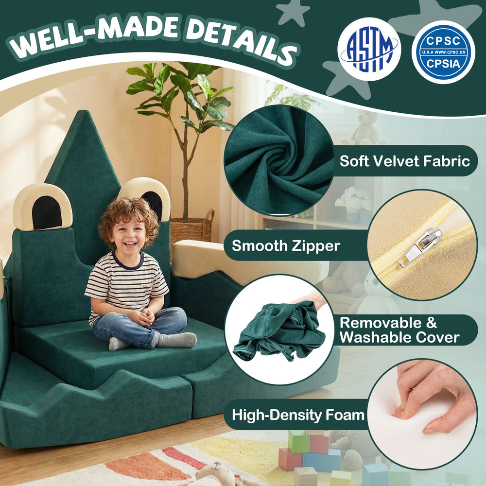 Soft velvet fabric and high-density foam detail of the 17-piece modular kids play couch for inspiring creativity.