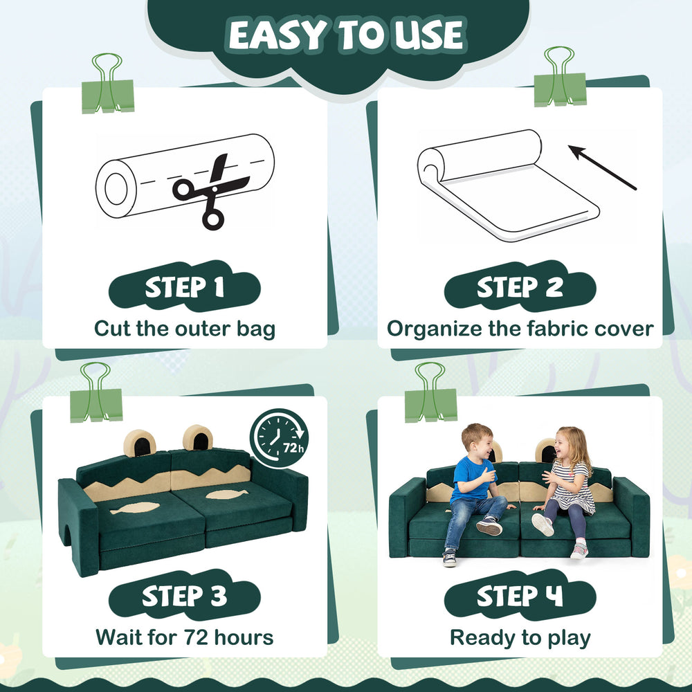 17-piece modular kids play couch setup steps, featuring soft velvet fabric and high-density foam for comfort and.