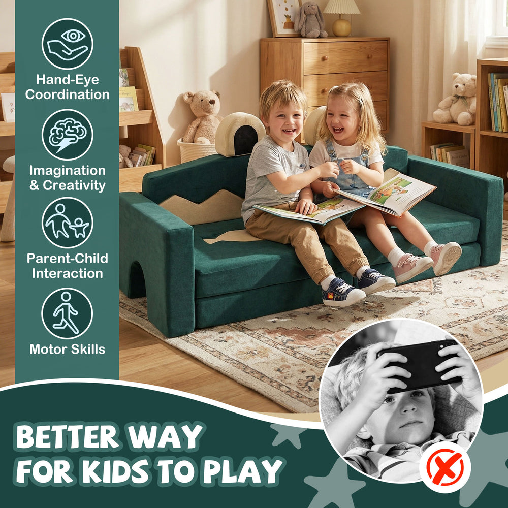 Modular kids play couch in soft velvet, featuring removable cover, perfect for inspiring creativity and family bonding.