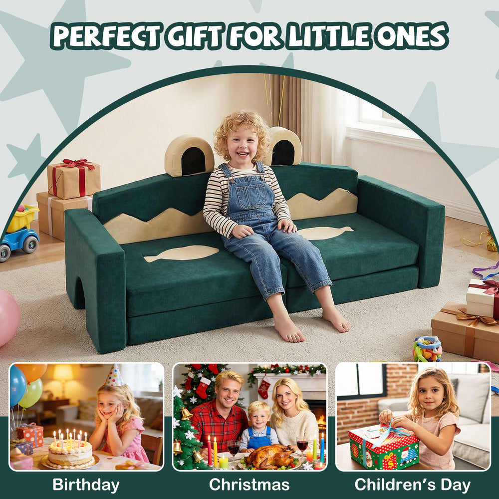 Modular kids play couch in green velvet, designed for comfort and creativity, perfect for playrooms and family bonding.