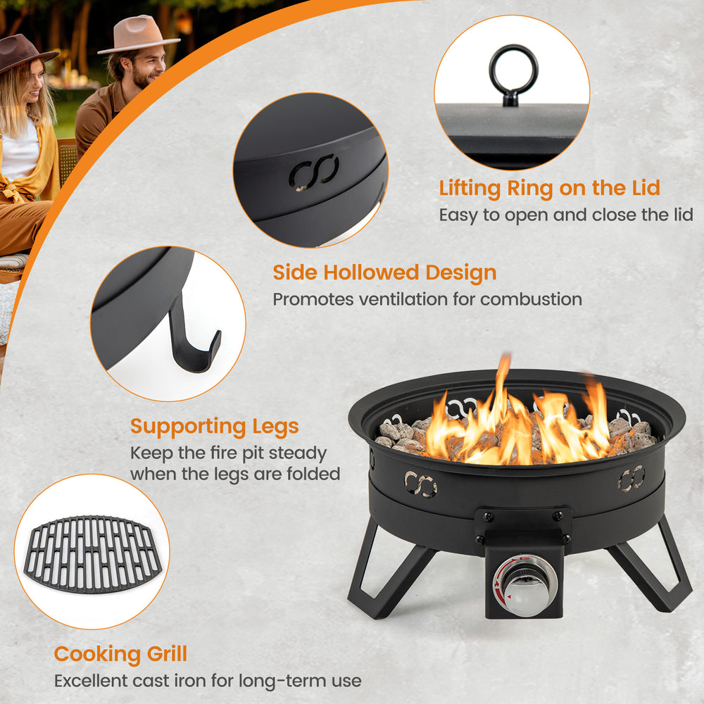 Portable 17-inch gas fire pit with folding legs, removable grill, and stainless steel burner for camping and outdoor.