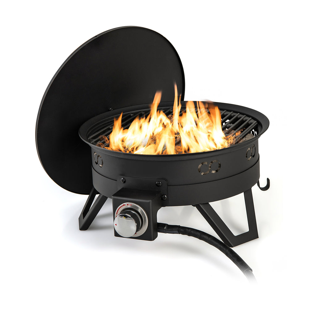 Portable 17-inch gas fire pit with removable grill, folding legs, and flames, perfect for camping and outdoor cooking.