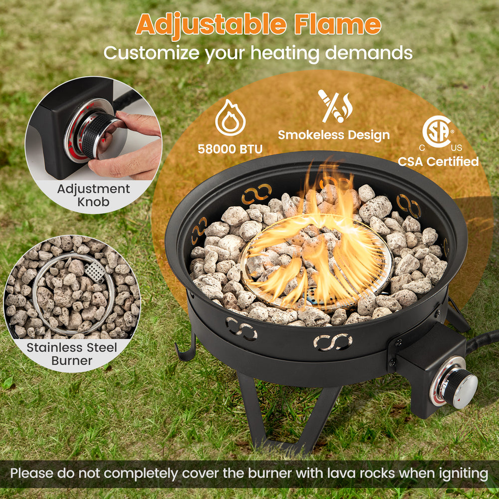 17-inch portable gas fire pit with stainless steel burner, adjustable flame, and folding legs for camping or outdoor.