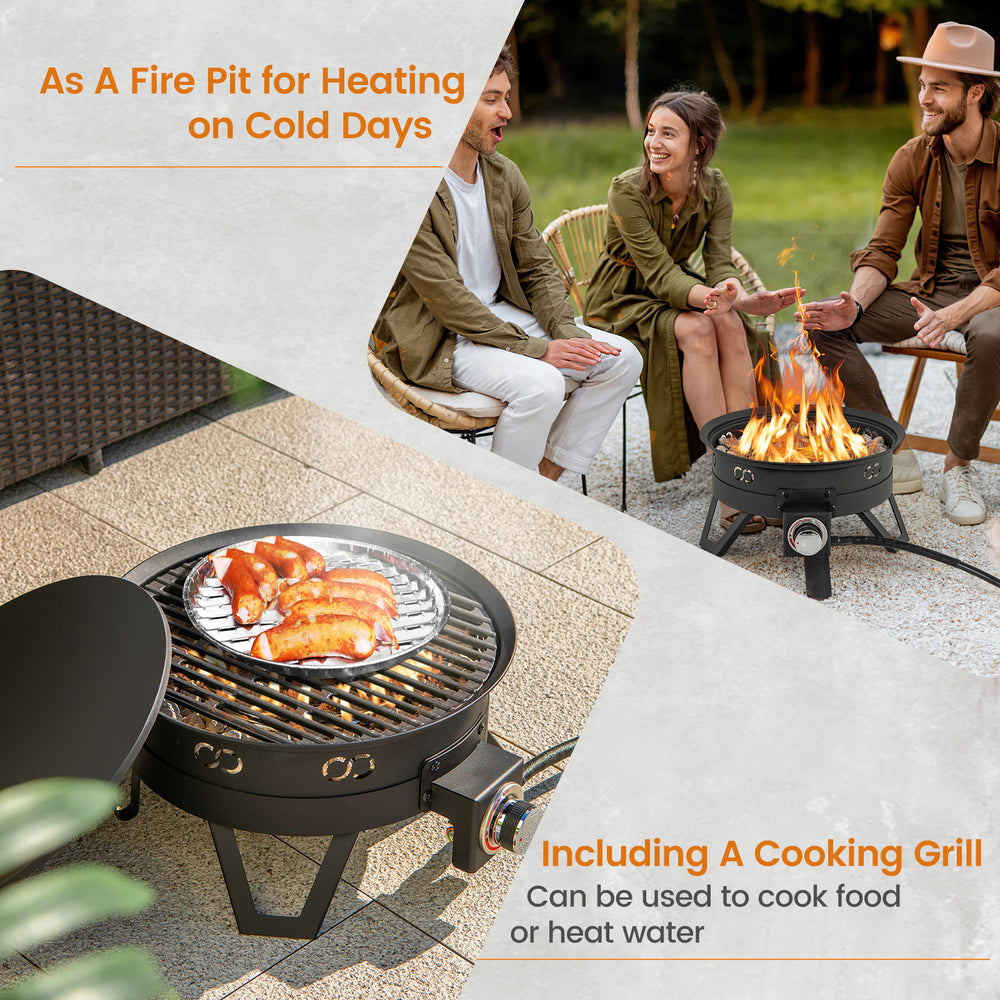 17-inch portable gas fire pit featuring a cooking grill and flames, perfect for heating and outdoor culinary adventures.