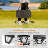 Portable 17-inch gas fire pit with folding legs, carrying bag, and removable grill for camping and outdoor cooking.