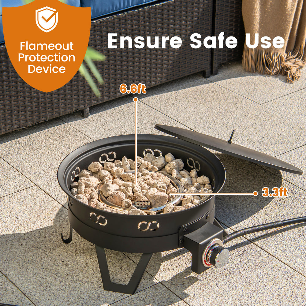 17-inch portable gas fire pit with folding legs, removable grill, and lava rocks for camping and outdoor cooking.