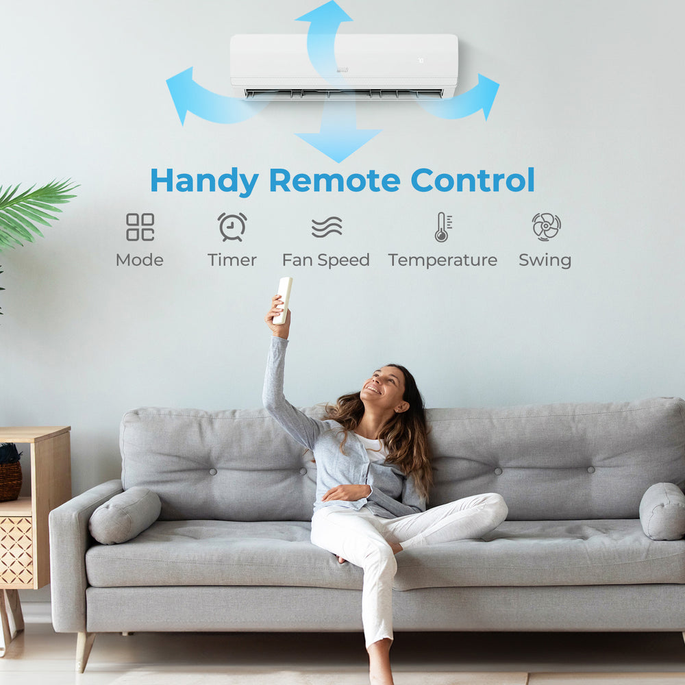 Mini split AC unit with remote control, showcasing 7 modes and 8 fan speeds for customized cooling in multiple rooms.