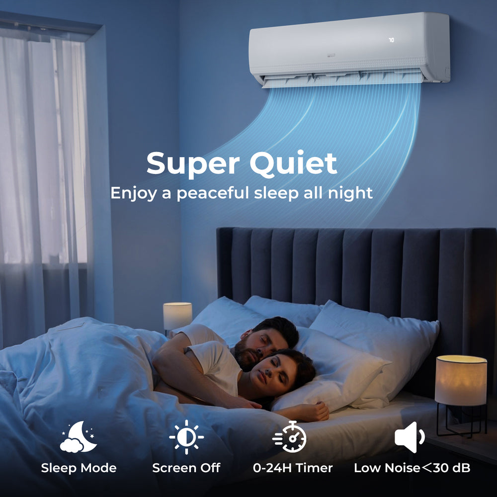 Mini split AC unit in a bedroom, featuring sleep mode and low noise operation for peaceful sleep, 18000 BTU capacity.