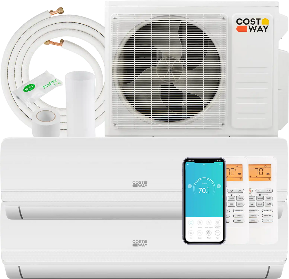 18000 BTU mini split AC system with heat pump, WiFi-enabled, remote control, and 7 cooling modes for multiple rooms.
