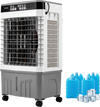 Evaporative air cooler with 1800 CFM airflow, 4-gallon tank, remote control, and ice packs for efficient cooling.