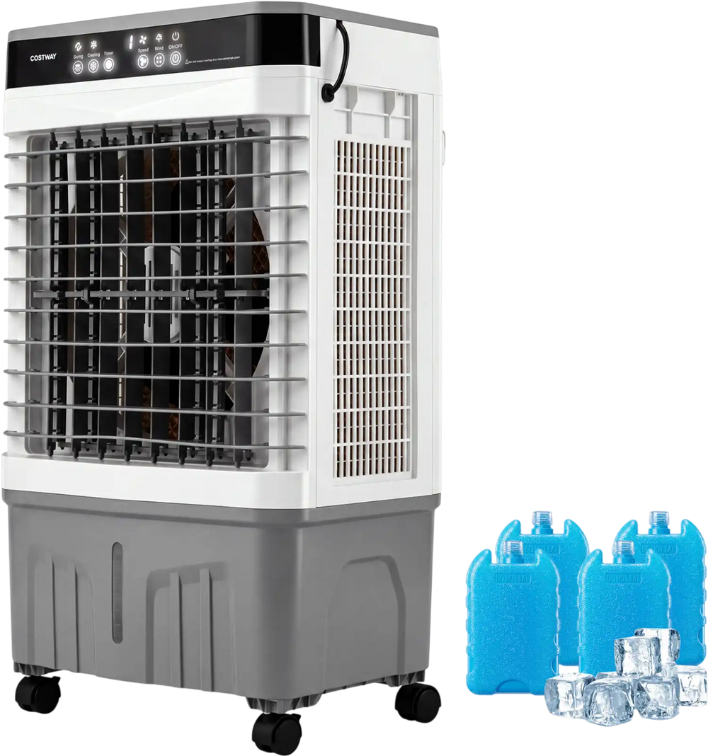 Evaporative air cooler with 1800 CFM airflow, 4-gallon tank, remote control, and ice packs for efficient cooling.