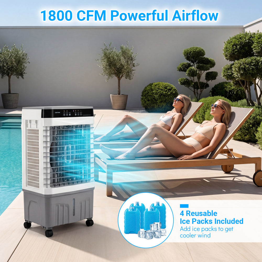 1800 CFM evaporative air cooler in white with 4 reusable ice packs, ideal for efficient cooling by the poolside.