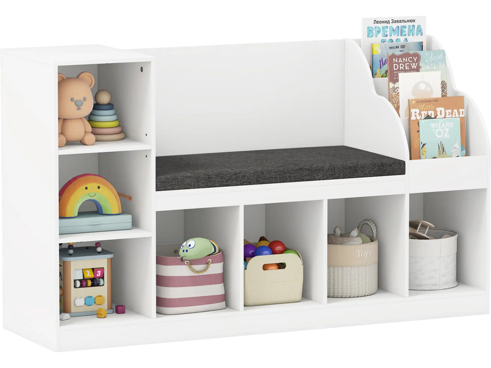 Kids bookcase with reading nook in white featuring 7 storage cubbies and adjustable shelves for versatile organization.