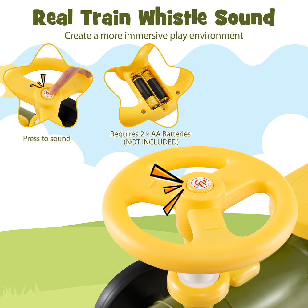 Steering wheel of the green ride-on toy with a train whistle sound button, designed for immersive play and fun.