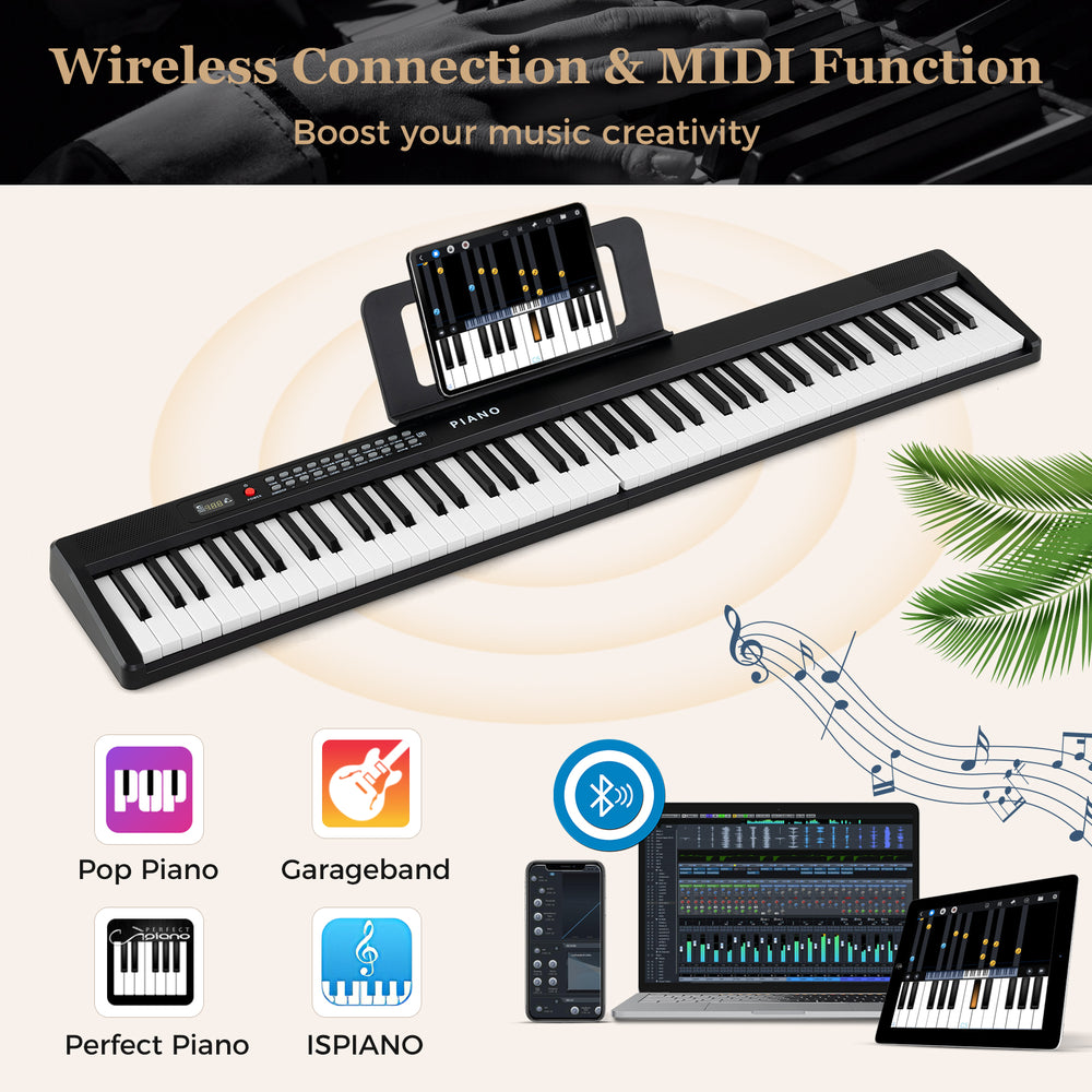 88-key foldable electric piano in black with MIDI function, dual speakers, and portable design for music creativity.
