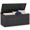 Black 180 Gal outdoor deck box with cushions, featuring a lockable lid and durable, weather-resistant design.