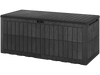 Black 180 Gal outdoor deck box with lockable lid, side handles, and wicker texture for secure storage and extra seating.