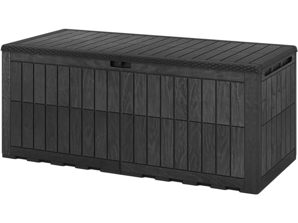 Black 180 Gal outdoor deck box with lockable lid, side handles, and wicker texture for secure storage and extra seating.
