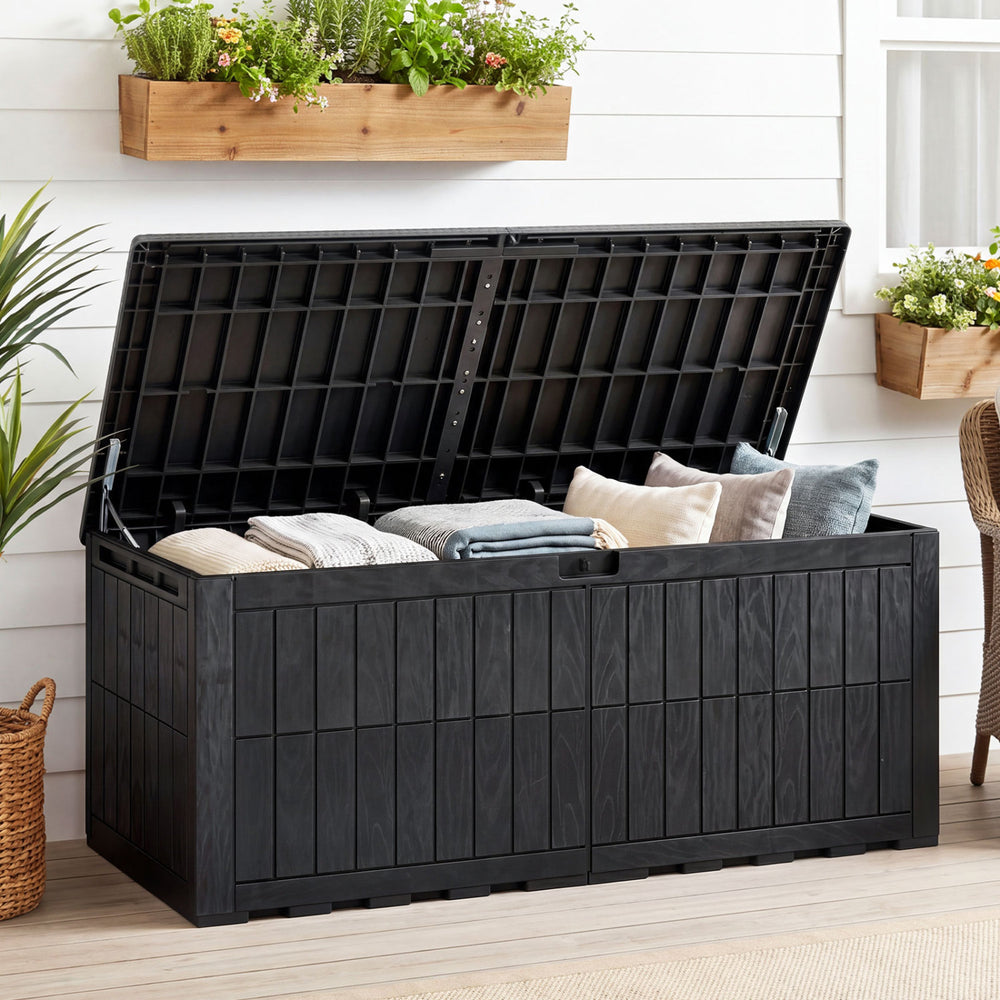 Black 180 Gal outdoor deck box with lid, ideal for storing cushions and pool supplies, also serves as extra seating.