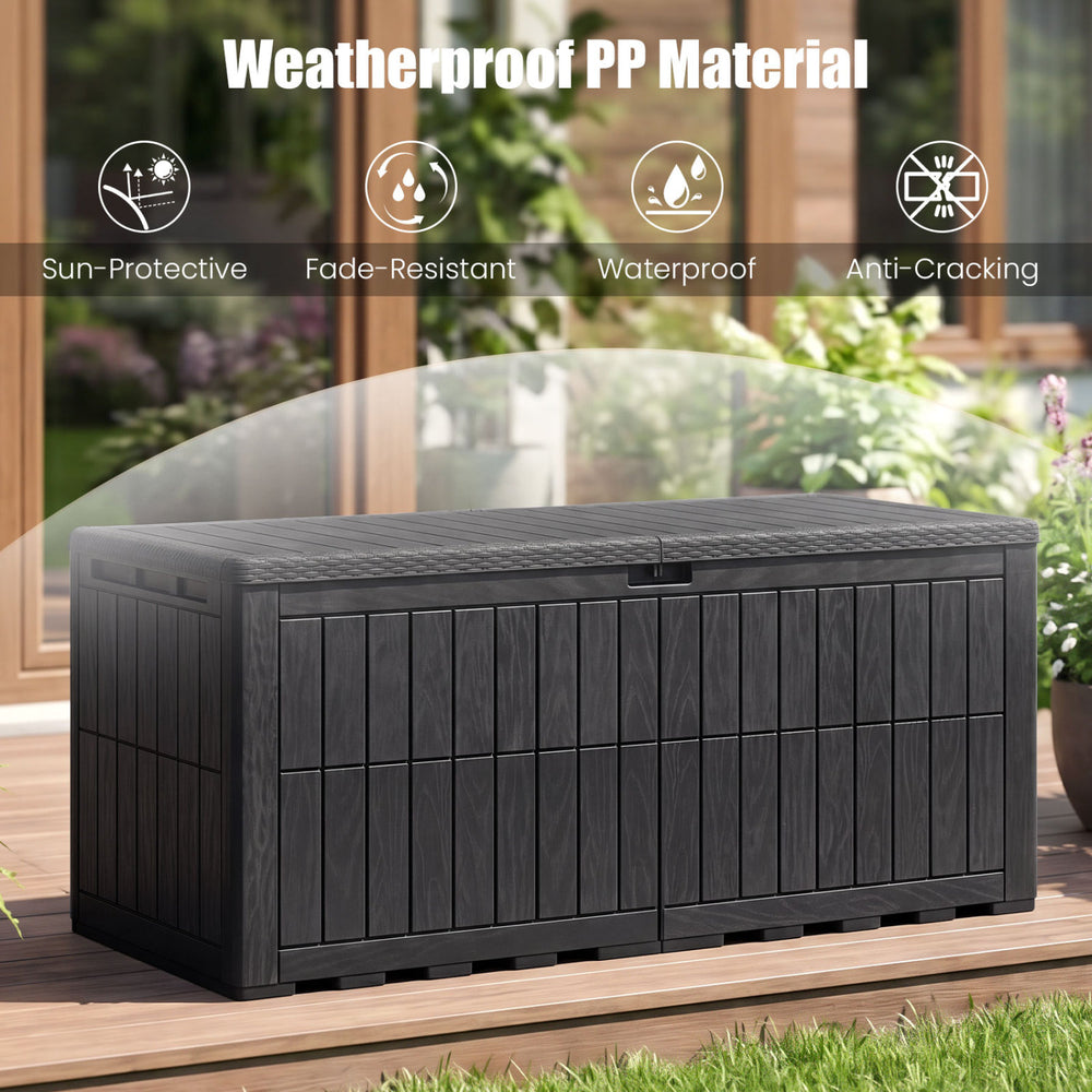 Black 180 Gal outdoor deck box with lid, made of weatherproof PP material, ideal for storage and extra seating.
