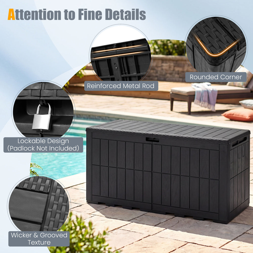 Lockable 180 Gal outdoor deck box in black with wicker texture, rounded corners, and reinforced metal rod for stability.
