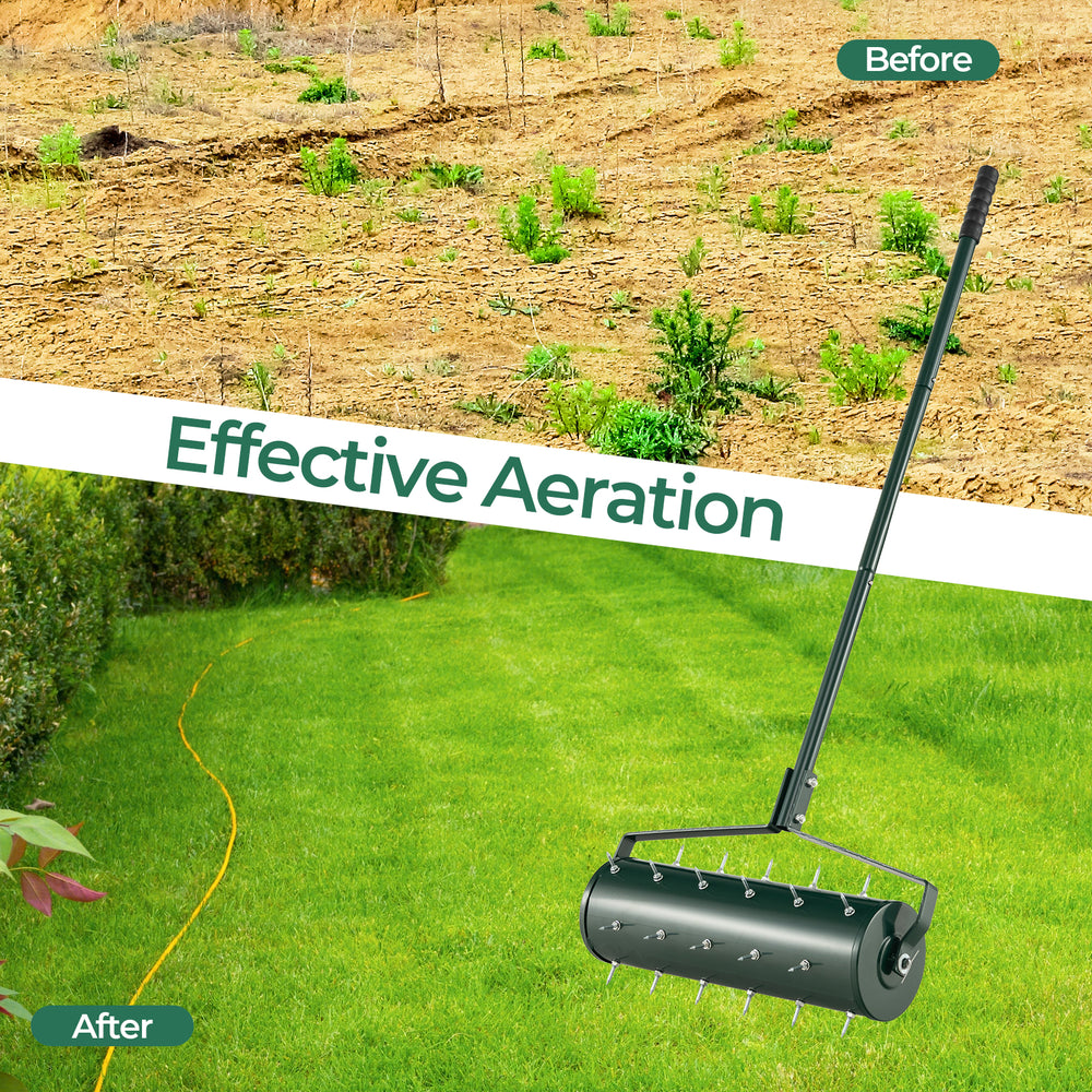Manual lawn aerator with galvanized steel spikes, designed for effective soil loosening and plant growth.