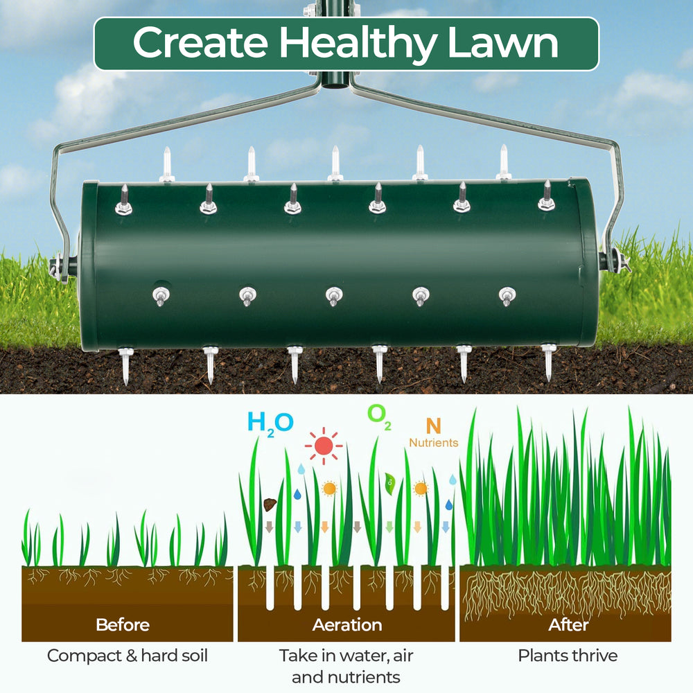 Manual lawn aerator with 27 galvanized steel spikes, designed for effective soil loosening and promoting plant growth.