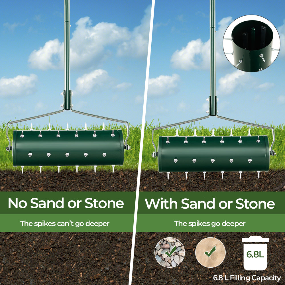 Manual lawn aerator with detachable handle, 21 inches, filled with sand for deeper spike penetration into soil.