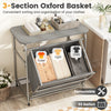 3-section laundry sorter with foldable ironing board, gray fabric cover, and lockable wheels for easy clothing.