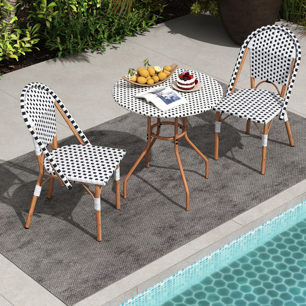 3-piece French bistro set featuring a round wicker table and two dining chairs, perfect for outdoor leisure by the pool.