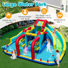 Inflatable double water slide park with obstacle course, featuring slides, cannons, and jumping house for outdoor fun.